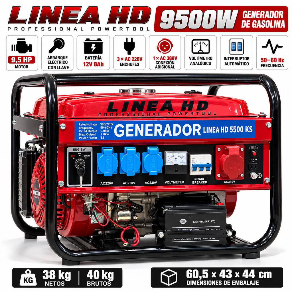 Generador de Gasolina LINEA HD 9500W | Arranque Eléctrico con Llave y Batería